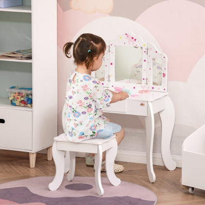 Qaba Kids Vanity Table and Stool, Makeup Vanity Girls Dressing Table Set with Tri-folding Mirrors Drawer Star and Heart Pattern, White