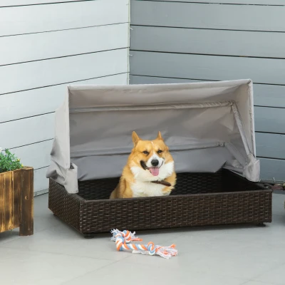 PawHut Rattan Dog Bed, Elevated Pet Sofa with Canopy, Coffee