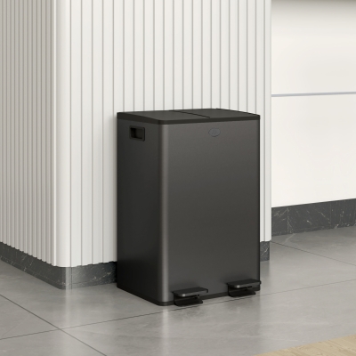 HOMCOM Dual Garbage Bin, Soft-Close Trash Can with Foot Pedal, 2 x 28 Liter Garbage Can with Removable Inner Buckets, Black