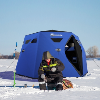 Outsunny 4 Person Insulated Ice Fishing Shelter, Pop-Up Portable Ice Fishing Tent with Carry Bag and Two Doors for -22℉, Blue