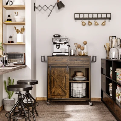 HOMCOM Rolling Kitchen Cart with Adjustable Shelf, Rustic Brown