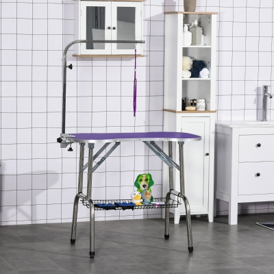 PawHut 37" Foldable Pet Grooming Table Dog Drying Table with Adjustable Arm Non-Slip Rubber Tabletop Aluminium Alloy Edge Stainless Steel Bar Hanging Leash Purple