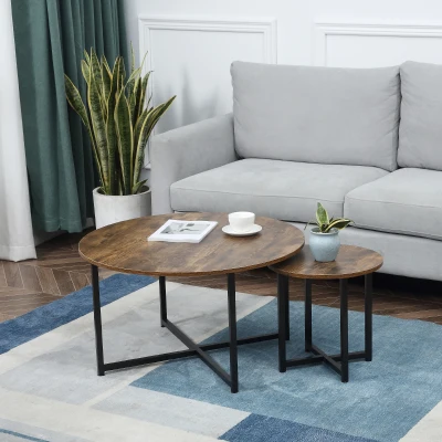 HOMCOM Round Coffee Table Set, Industrial Metal Frame, Rustic Brown
