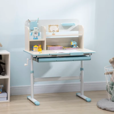Qaba Kids Study Desk, Height Adjustable with Drawer & Shelf, Blue