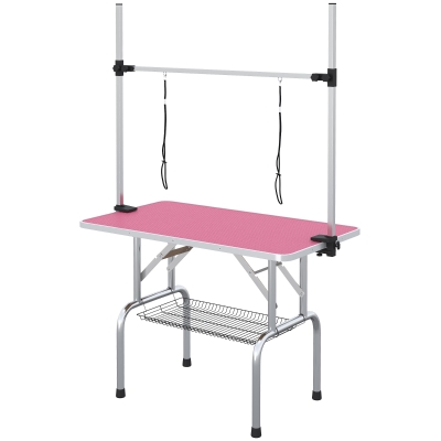 PawHut Adjustable Dog Grooming Table with 2 Safety Slings, Storage Basket, Pink