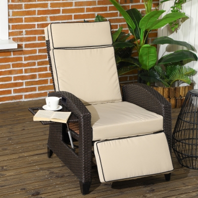 Outsunny Outdoor Recliner Chair with Adjustable Backrest, Cushion, Side Tray, Khaki