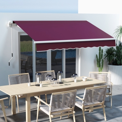 Outsunny 10' x 8' Manual Retractable Awning with LED Lights, Aluminum Frame Sun Canopies for Patio Door Window, Wine Red