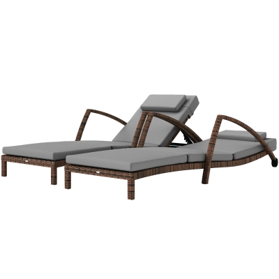 Outsunny Set of 2 Wicker Chaise Lounge Chair Outdoor Patio Lounger with 5 Adjustable Back, Wheels, Cushion and Armrests, Grey