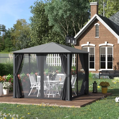 Outsunny 10' x 10' Patio Gazebo, Black with Netting & Curtains
