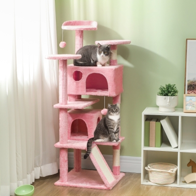 PawHut 54" Cat Tree, Multi-Level Cat Tower with Scratching Posts, Cat Condos, Bed, Platforms, Ramp, Toy Ball, Pink