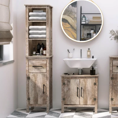 kleankin Tall Bathroom Storage Cabinet with 3 Shelves, Reclaimed Barnwood