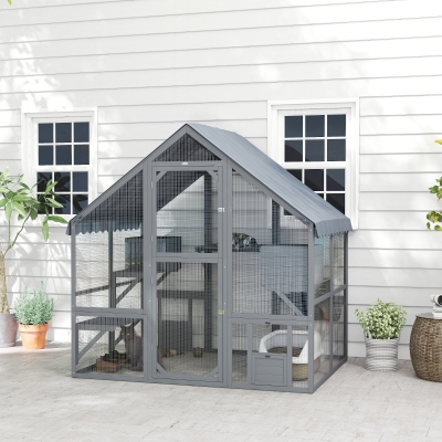 PawHut Large Catio Outdoor with Waterproof Cover, 2 Resting Boxes, 4 Platforms, Bridge, for 2-4 Kittens, Grey
