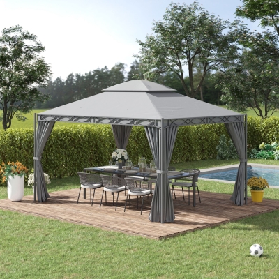 Outsunny 10'x13' Soft-top Patio Gazebo Double-Tiered covered Steel Gazebo with Curtain, Grey