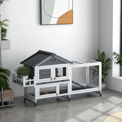 PawHut 65" Wooden Rabbit Hutch, Gray with Storage Box