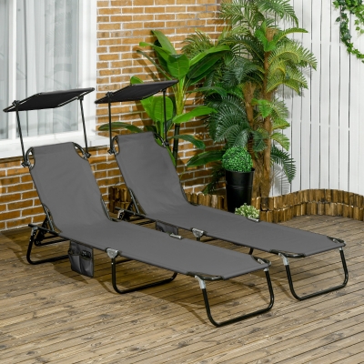 Outsunny 2 Piece Folding Outdoor Chaise Lounges, Pool Tanning Chairs with Reclining Back, Sunshade for Beach, Patio, Dark Grey