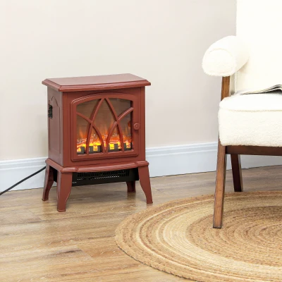 HOMCOM Electric Fireplace Stove Heater, Freestanding with Flames, Red
