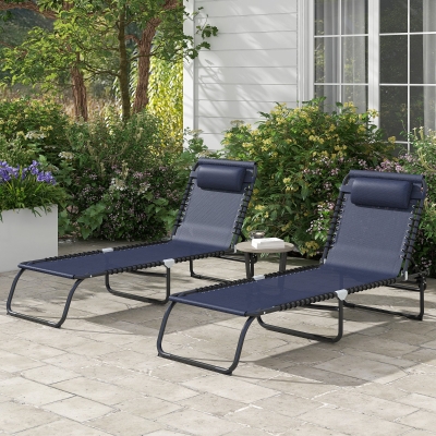 Outsunny 2 PCs Folding Lounge Chair, Adjustable Chaise Lounge with Headrest, Reclining Lounger Cot for Camping, Hiking, Dark Blue