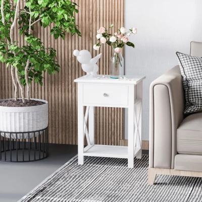 HOMCOM Farmhouse Side Table, White with Storage Drawer