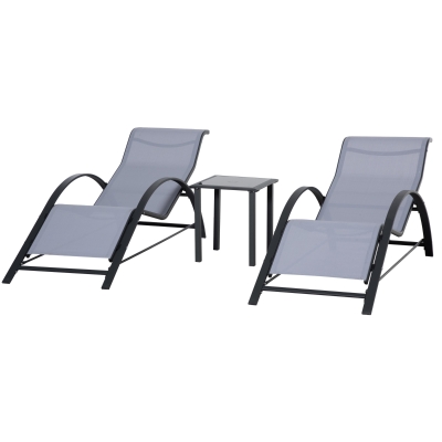Outsunny 3 Pieces Outdoor Lounge Chair Set, 2 S-Shaped Lawn Chairs and a Glass Table for Patio, Yard, Light Grey