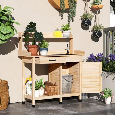 Potting Bench Table 44.5" L x 18.7" W x 50.2" H Natural Wood