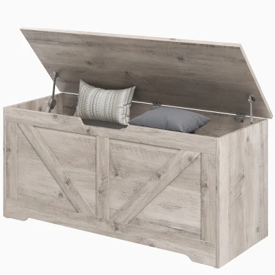 HOMCOM 39.4 Inches Storage Chest, Storage Trunk with 2 Safety Hinges, Wooden Box for Living Room, Grey Wood Grain
