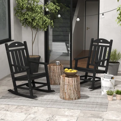 Outsunny 2PC Outdoor Rocking Chairs, Waterproof HDPE, Black