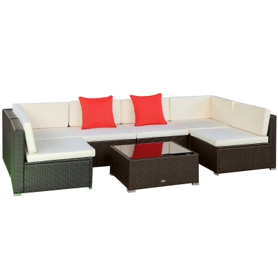 Outsunny 7 Pieces Patio Furniture Set, Rattan Outdoor Conversation Set, Garden Wicker Sofa Set, Ivory