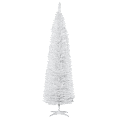 HOMCOM 7' Pencil Christmas Tree, Slim Artificial Xmas Tree with Realistic Branches, Sturdy Metal Stand, White