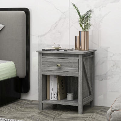 HOMCOM Bedside Table, Farmhouse Nightstand with with Drawer and Storage Shelf, Night Table for Bedroom, Grey