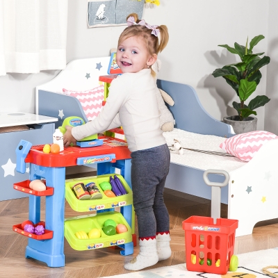 Qaba Supermarket Playset Cash Register Toy for Kids, 50 Pcs Grocery Store Pretend Play Toy with Food, Check-Out Counter, Scanner, Shelves, Gift for Boys Girls Age 3 4 5 6