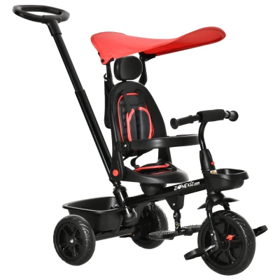 Qaba Kids Tricycle 4 In 1 Trike with Reversible Angle Adjustable Seat Removable Handle Canopy Handrail Belt Storage Footrest Brake Clutch for 1-5 Years Old Red
