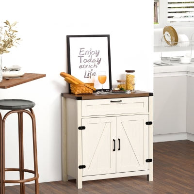 HOMCOM Farmhouse Kitchen Storage Cabinet, Sideboard Buffet Cabinet with 2 Rustic Barn Doors and Drawer, White