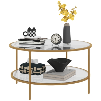 HOMCOM 32" Round 2-Tier Glass Coffee Table with Storage, Gold
