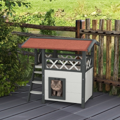 PawHut Wooden 2-Story Shelter for Feral Cats with Asphalt Roof, Stairs, Balcony, 30" x 20" x 29", White