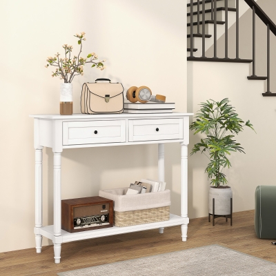 HOMCOM Hallway Console Table, Modern Entryway Table with 2 Drawers, Storage Shelf, Turned Legs for Living Room, Bedroom, White