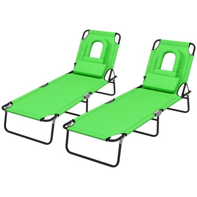 Outsunny 2PCS Adjustable Outdoor Lounge Chair, Garden Folding Chaise Lounge with Face Hole Reclining Tanning Chair Seat, Folding Camping Beach Lounging Bed w/ Head Support Green
