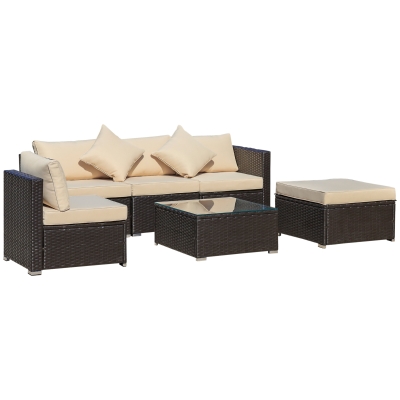 Outsunny 6-Piece Outdoor Wicker Sofa Set, Coffee & Beige