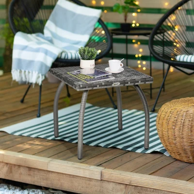 Outsunny Wicker Side Table, Small Square Rattan, Gray