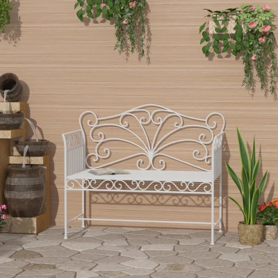 Outsunny 43" Metal Garden Bench, Outdoor Patio, Cream White
