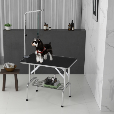 PawHut Foldable Grooming Table for Dogs with Height Adjustable Grooming Arm, Storage Shelf, Black