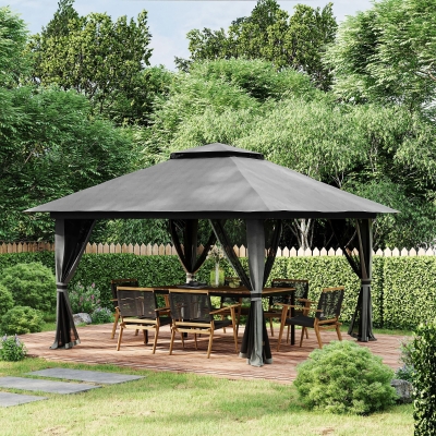 Outsunny 13' x 13' Pop Up Canopy, 2-Tier Roof Easy up Tent Shelter with Nettings Carry Bag Weight Bags for Garden, Patio, Grey