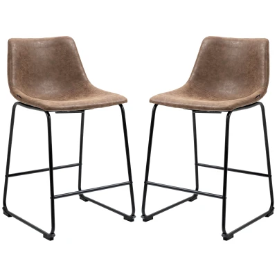 HOMCOM Counter Height Bar Stools Set of 2, Vintage PU Leather Bar Chairs, Kitchen Stools w/ Footrest for Home Bar, Brown