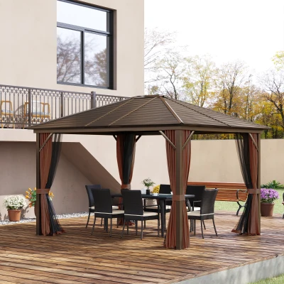 Outsunny 10' x 12' Hardtop Gazebo, Brown with Curtains & Netting