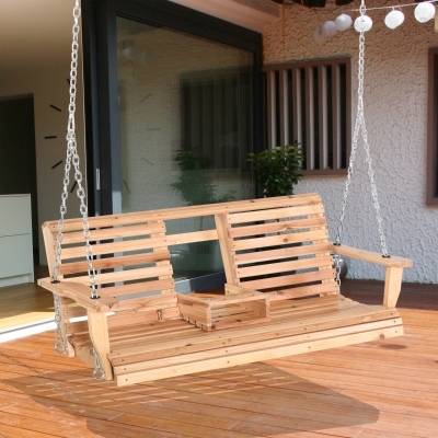 Outsunny 3 Seater Patio Swing Chair Wood Porch Swing with Foldable Table, Cup Holders, Steel Chains for Garden, Yard, Natural