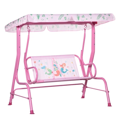 Outsunny 2-Seat Kids Porch Swing Chair, Children Outdoor Patio Furniture Lounge Chair for Garden, with Adjustable Canopy, Seat Belt, Mermaid Pattern, for 3-6 Years Old, Pink