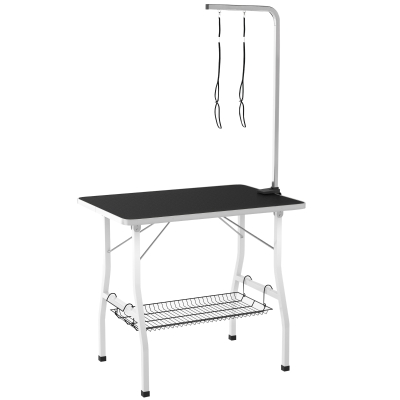 PawHut Dog Grooming Table w/ Adjustable Arm, Mesh Tray,  Two Nooses, Rubber Surface, 35" x 24" x 61", Black