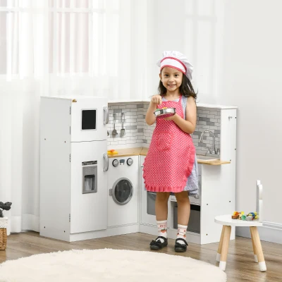 Qaba Wooden Corner Play Kitchen Set, Large with Sound Effects, White