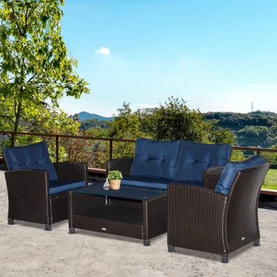 Outsunny 4-Piece Patio Furniture Set, Wicker Chairs & Table, Blue