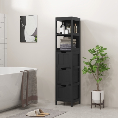 kleankin Narrow Bathroom Cabinet with 3 Drawers and 2 Tier Shelf, Tall Cupboard Freestanding Linen Tower, Black