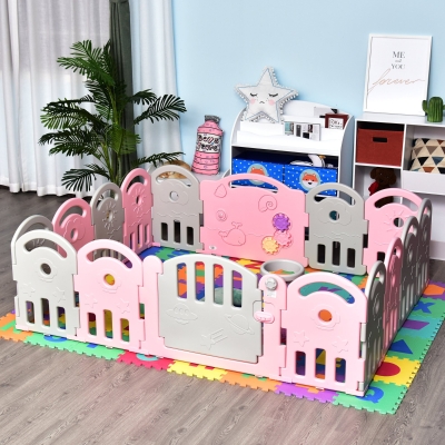 Qaba Baby Enclosure, 16 Panels Baby Playpen Baby Play Yard, Indoor & Outdoor Kids Activity Center, Pink